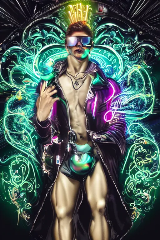 Image similar to full-body neon chrome bladerunner and baroque style sculpture of a young handsome Cuban prince wearing cholo shades as a half android with a porcelain chest opening exposing circuitry and electric sparks, glowing laser beam eyes, crown of giant diamonds, flowing neon-colored silk, fabric, raptors. baroque elements. full-length view. baroque element. intricate artwork by caravaggio. many many birds birds on background. Trending on artstation, octane render, cinematic lighting from the right, hyper realism, octane render, 8k, depth of field, 3D