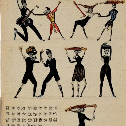 Image similar to an old journal page describing types of TikTok dances with rich illustrations