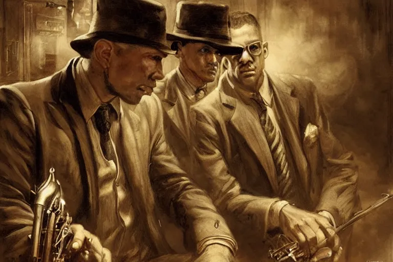 Prompt: A smoky jazz cafe Mafia: Definitive Edition loading screen, upper body, highly detailed, intricate, sharp details, dystopian mood, 1950 character portrait by gaston bussiere, craig mullins, somber lighting, drawn by Giacomo Burattini, inspired by graphic novel cover art