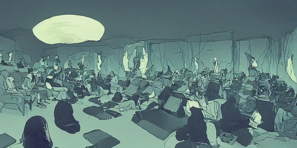 Prompt: cinema audience by moebius, eeg nodes meditation on scalp, amazingly zen and beautiful atmosphere, retro futurism, incredibly engaging cinematic atmosphere, people flying and dreaming,