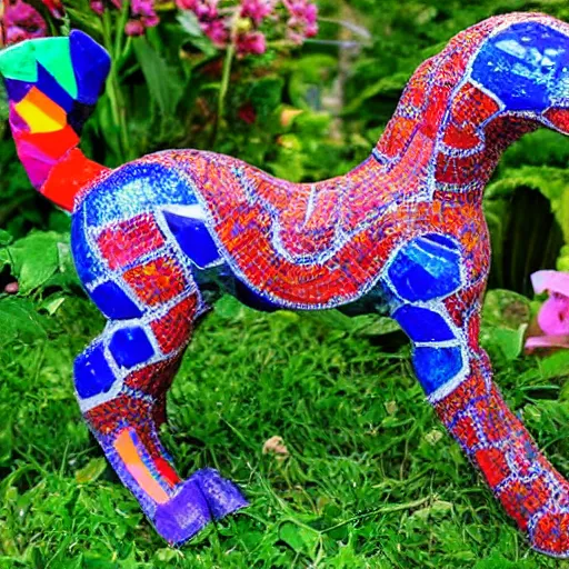 Image similar to mosaic sculpture of a alebrije chimera!!!, irregularly shaped mosaic tiles, hand glazed pottery shards, in a cottagecore flower garden