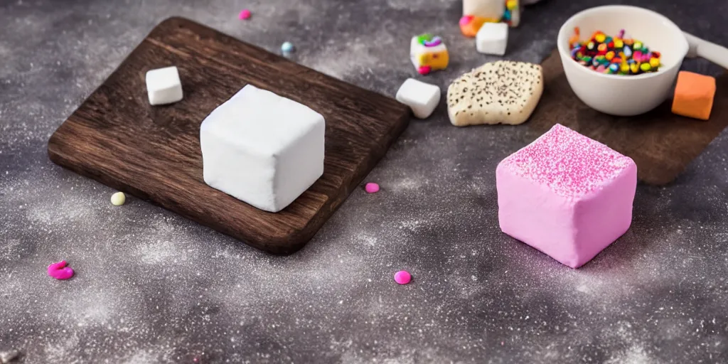 Image similar to photograph of a marshmallow cube with sprinkles and on a dark wooden chopping board, pastel colours, hessian cloth, styled food photography, photorealistic, 4 k