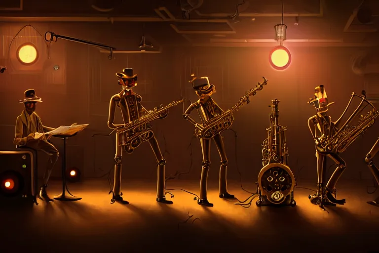 Image similar to 3 steampunk robot jazz musicians playing at a night club, focus on the musicians, cinematic lighting, exaggerated detailed, unreal engine, octane render, trending on artstation, art by greg rutkowski, 4 k