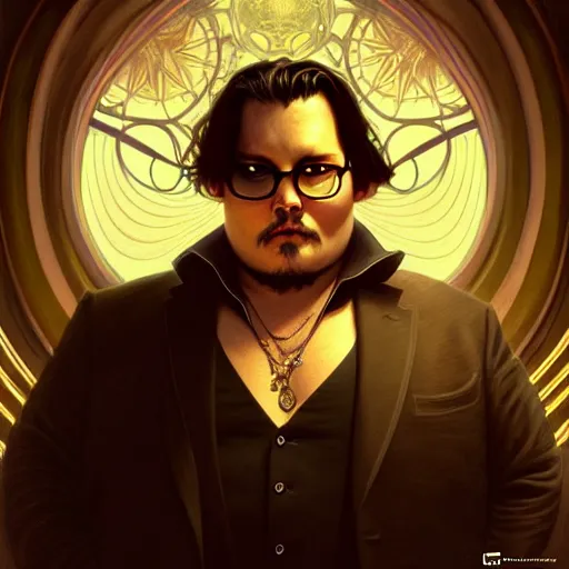 Image similar to fat overweight johnny depp, sci fi, glowing eyes, volumetric lights, gold theme, art nouveau botanicals, intricate, highly detailed, digital painting, artstation, concept art, smooth, sharp focus, cinematic, illustration, beautiful face, art by artgerm and greg rutkowski and alphonse mucha