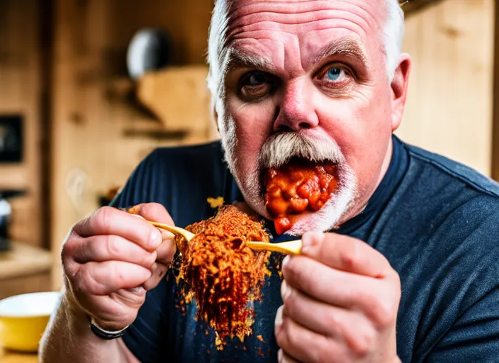 Prompt: photo of john ratzenberger eating chili, 8 k, 8 5 mm f 5. 6