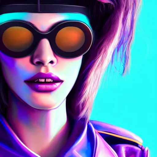 Image similar to closeup painting of a very beautiful young mexican cyberpunk woman with a smirk, wearing light blue shutter shades and a purple coloured leather jacket, one side haircut, long brown hair with light blue ends, portrait, hyperdetailed, artstation, cgsociety, 8 k, synthwave by tangerine dream