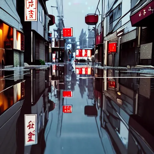 Image similar to still photo of rain puddles and reflections in a japanese street, cloudy weather, highly detailed, photorealistic shot, bright studio setting, studio lighting, crisp quality and light reflections, unreal engine 5 quality render