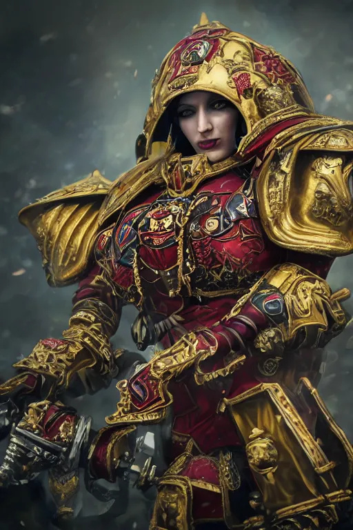 Image similar to a portrait of a adepta sororitas, warhammer 4 0 k setting, dynamic pose, close - up, intricate details, intricately detailed clothing, intricate textures, warm lighting, vivid colors, smoke and mist, realistic octane render, hyper realistic render, volumetric shading, depth of field, raytracing, 8 k,