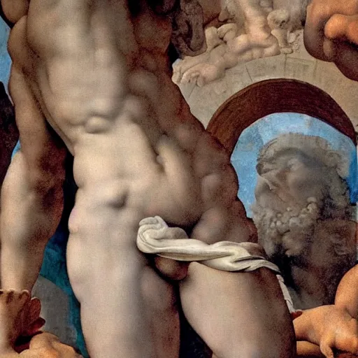 Image similar to high quality high detail painting by michelangelo, of david after killing giant goliath