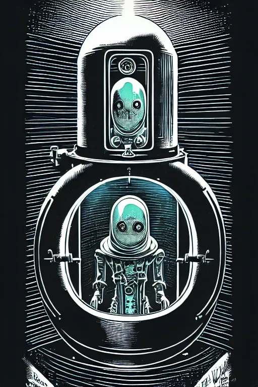 Image similar to steampunk cryo chamber containing friendly grey alien, high details, intricately detailed, by vincent di fate, inking, 3 color screen print, masterpiece, trending on artstation,, sharp, details, hyper - detailed, hd, 4 k, 8 k