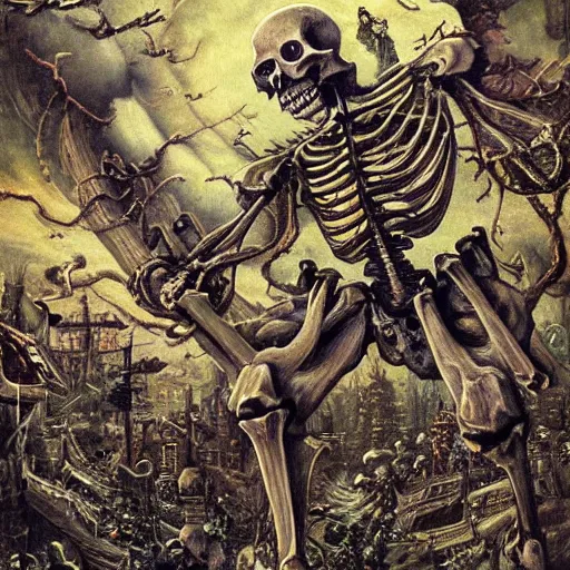 Image similar to Giant skeleton destroying kingdom, detailed art, surrealistic