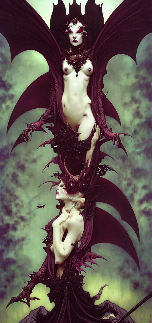 Image similar to close up painting a beautiful vampire queen in gothic robes with bat wings, by nekro, peter mohrbacher, alphonse mucha, brian froud, yoshitaka amano, kim keever, victo ngai, james jean
