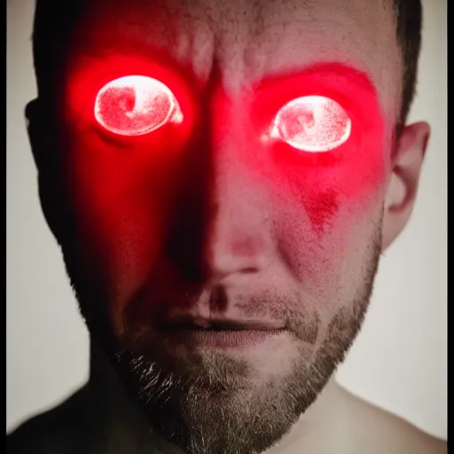 Prompt: a man with red glowing eyes