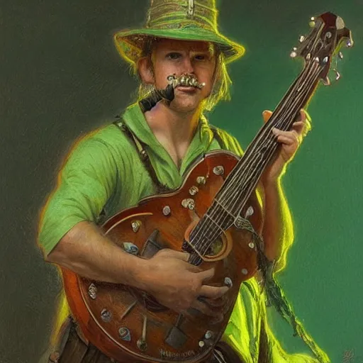 Image similar to racoon bard wearing green tunic holding guitar closeup portrait art by donato giancola and greg rutkowski, vintage retro, realistic face, digital art, trending on artstation, symmetry!!