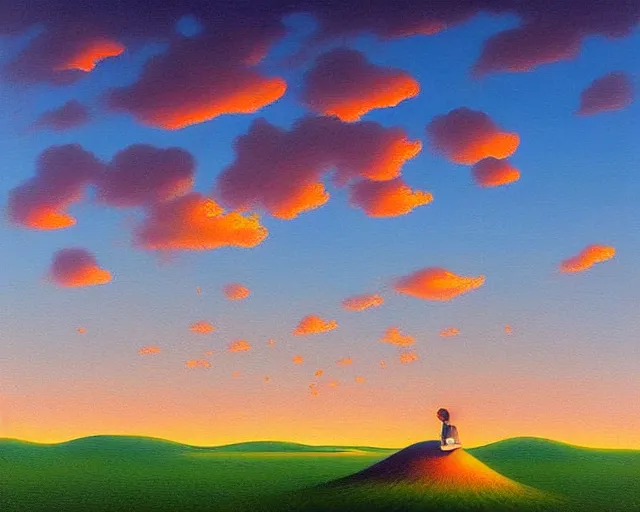 Image similar to a painting of an unimaginably beautiful landscape at golden hour, an ultrafine detailed painting by rafal olbinski, behance contest winner, pop surrealism, detailed painting, very detailed, minimalist, skeuomorphic, airbrush art