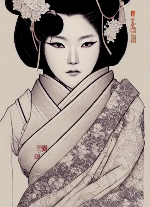 Prompt: lovely japanese geisha, character portrait, sketch, concept art, intricate details, highly detailed photorealistic, portrait, in the style of adam hughes, seseon yoon, artgerm and warren louw