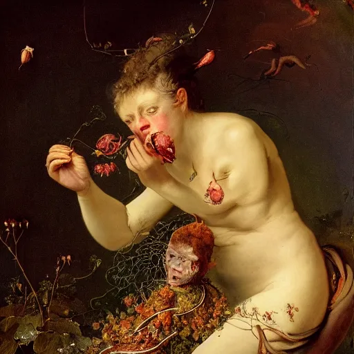 Image similar to wonderful world of carnivorous plant eating a woman, painted in high resolution, 8k, by fragonard