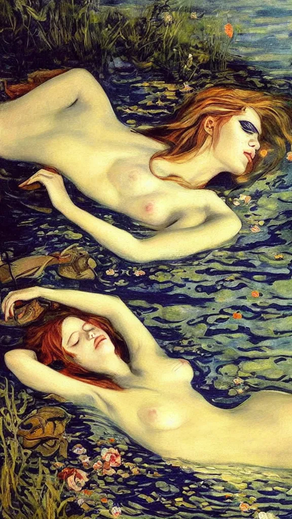 Image similar to prompt: one beautiful girl sleeping in the lake with shining face painted by Valentin Serov, detailed realistic face, Ophelia painting inspired, intricate detailed oil painting, alchemical artifacts and hieroglyphs, magical items, gnarly paint marks