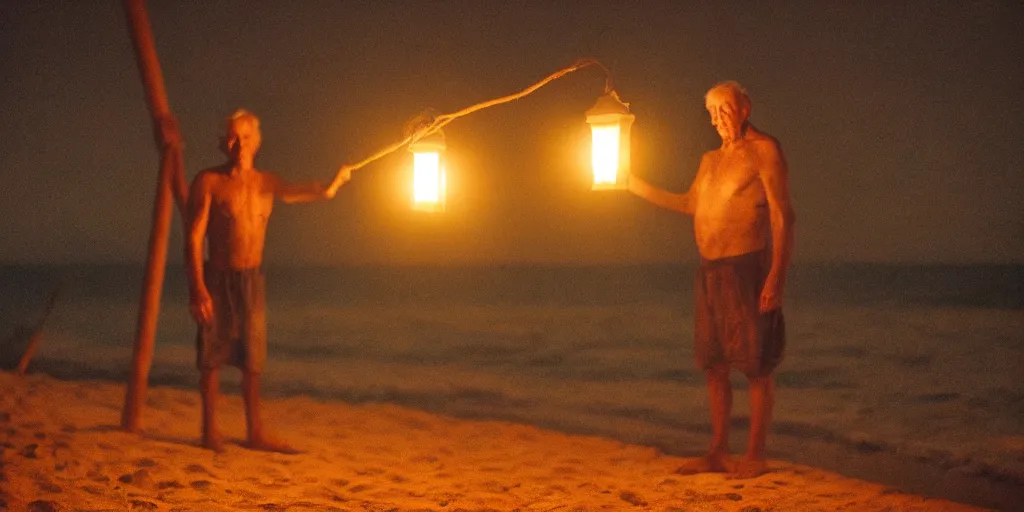 Image similar to film still of closeup old man holding up lantern by his beach hut at night. pirate ship in the ocean by emmanuel lubezki