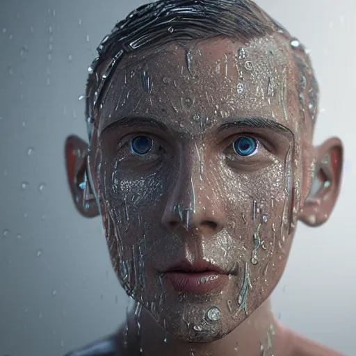 Image similar to human face sculpture made out of rain, neon, rendered in octane, unreal engine, highly detailed, fantasy, realistic, beautiful, cinematic