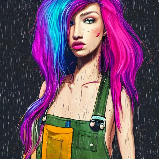 Image similar to a portrait of an beautiful grungy female with rainbow hair, dainty figure, torn overalls, short shorts, combat boots, wet tshirt, raining, made by viktor antonov, illustration, extremely detailed, beautiful,