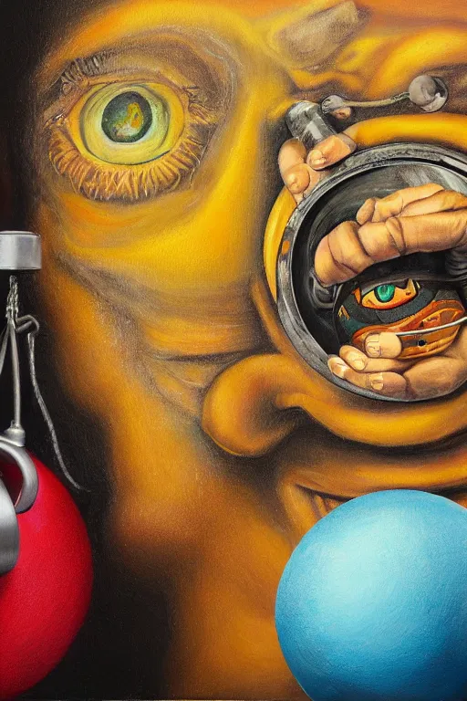 Image similar to hyperrealism surrealism acrylic painting, aerosol splashes on paper, close - up portrait of bowling ball - with big headphones and a mime sweater art by jeff soto