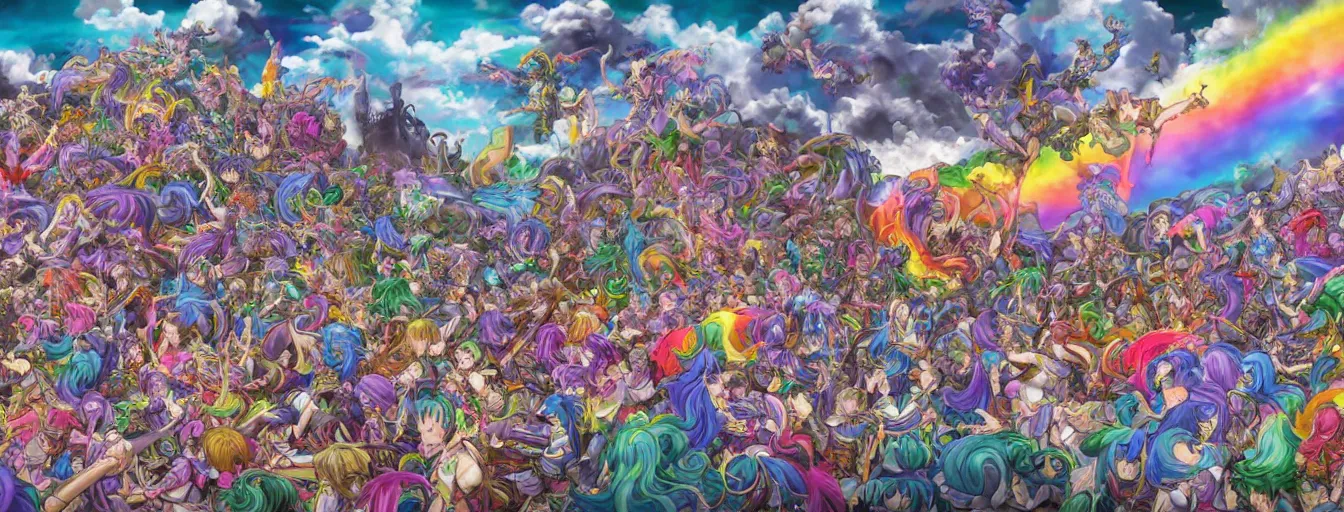 Prompt: a zoomed out panoramic view an army of rainbow soul calvary screaming into the abyss. hyperrealistic anime background illustration by kim jung gi, colorful, extremely detailed intricate linework, smooth, super sharp focus, bright colors, high contrast, matte, octopath traveler, unreal engine 5 highly rendered, global illumination, radiant light