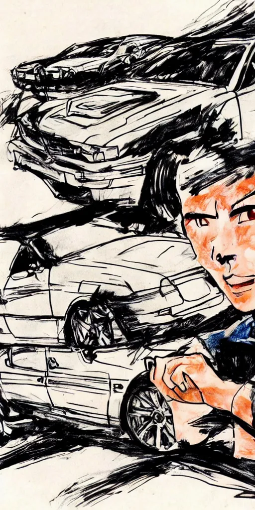 Prompt: man driving a import japanese car drawn in the style of Initial D