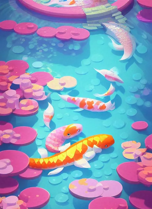 Image similar to sparkling pastel cute voxel art of a koi pond, behance, artstation, cute, Japanese, 3d render, unity, beautiful lighting, extremely beautiful, very beautiful award winning art Huang Guangjian and Gil Elvgren and Sachin Teng , Greg Manchess