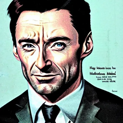 Image similar to Hugh Jackman portrait, vintage magazine illustration 1950