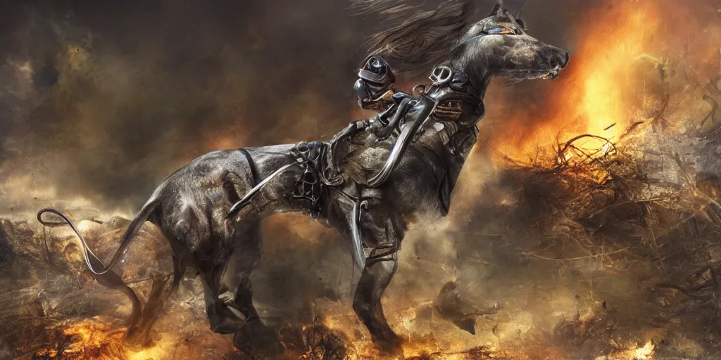 Image similar to cyborg cat sitting on a horse against the background of an explosion, punished, war, hyperrealistic, sharp focus, award winning photo