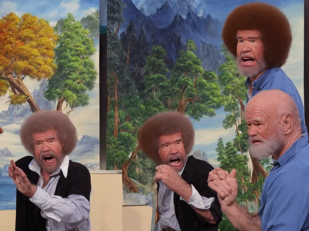 Image similar to old bob ross is sad and angry and yelling at a huge painting of nature by bob ross