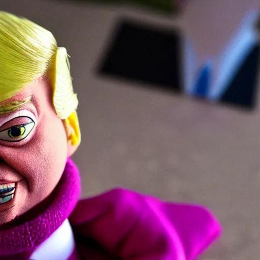 Prompt: close up of donald trump claymation doll, dslr photo