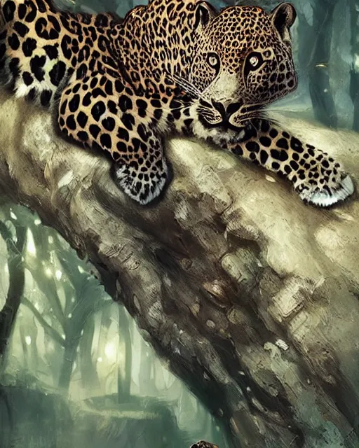 Image similar to beautiful woman riding a leopard thru a crystal forest, hyperreal, Artstation, atmospheric, photorealistic