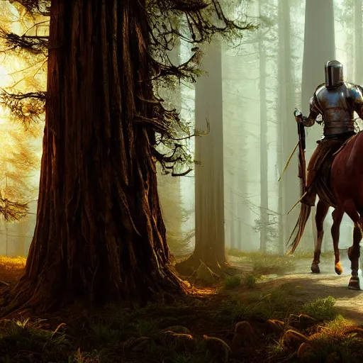 Prompt: knight on horseback in a redwood forest, sunlit, octane render, matte, greg rutkowski, highly detailed, hdr