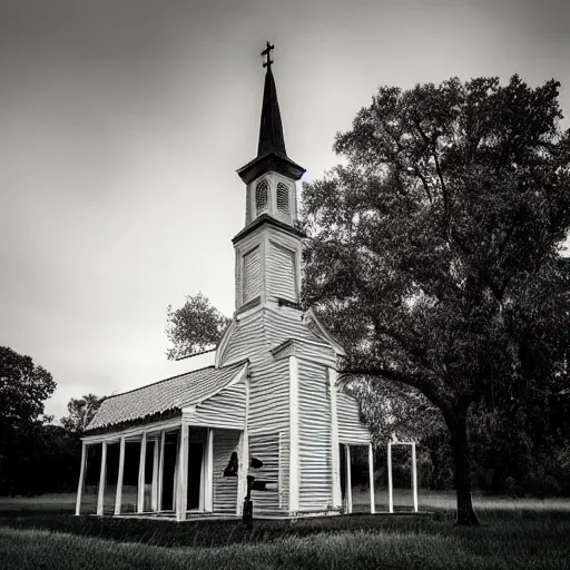 Prompt: picture of an old wooden white church, 1 9 th century southern gothic scene, made by chris friel