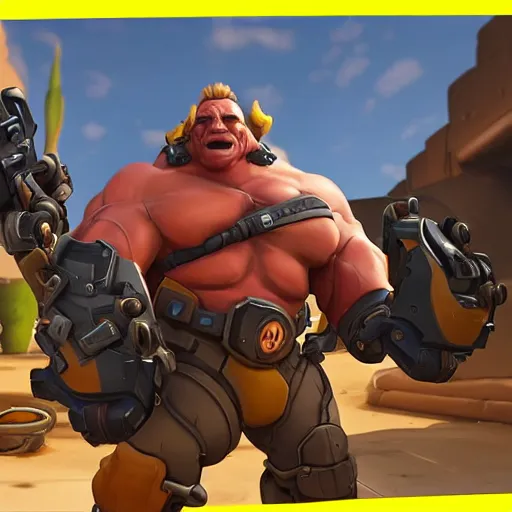 Image similar to a screenshot of arnold schwarzenegger in overwatch as roadhog