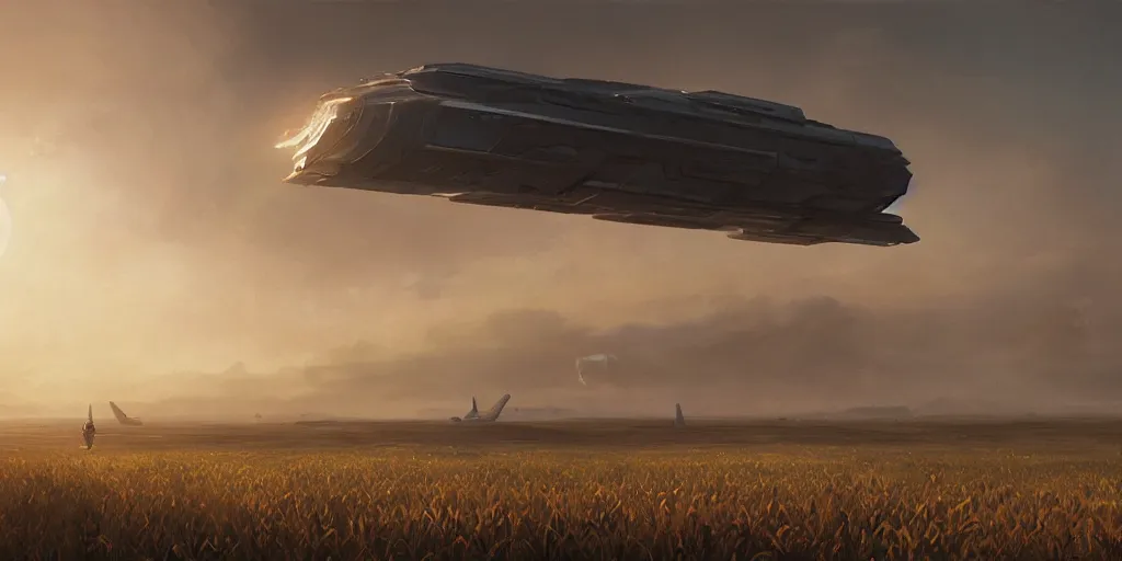 Image similar to wide shot of a tall and thin monolithic spaceship hovering in the air high above a cornfield, late afternoon, golden hour, highly detailed, smooth, sharp focus, concept art by greg rutkowski and ruan jia and stanley lau