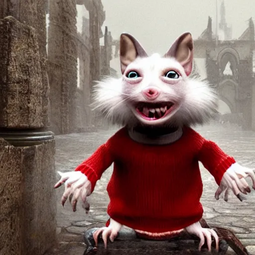 Prompt: stuart little as a monstrous dark souls boss, wearing a red sweater and his fur is white, visually grotesque, unreal engine 2, style of asylum demon, forked tongue, extremely large, disturbing, grotesque, vile