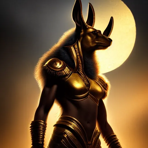 Image similar to Majestic gracious Anubis female warrior portrait, atmospheric lighting, painted, intricate, volumetric lighting, beautiful, rich deep colours masterpiece, golden hour, sharp focus, ultra detailed, by Leesha Hannigan, Ross Tran, Thierry Doizon, Kai Carpenter, Ignacio Fernández Ríos