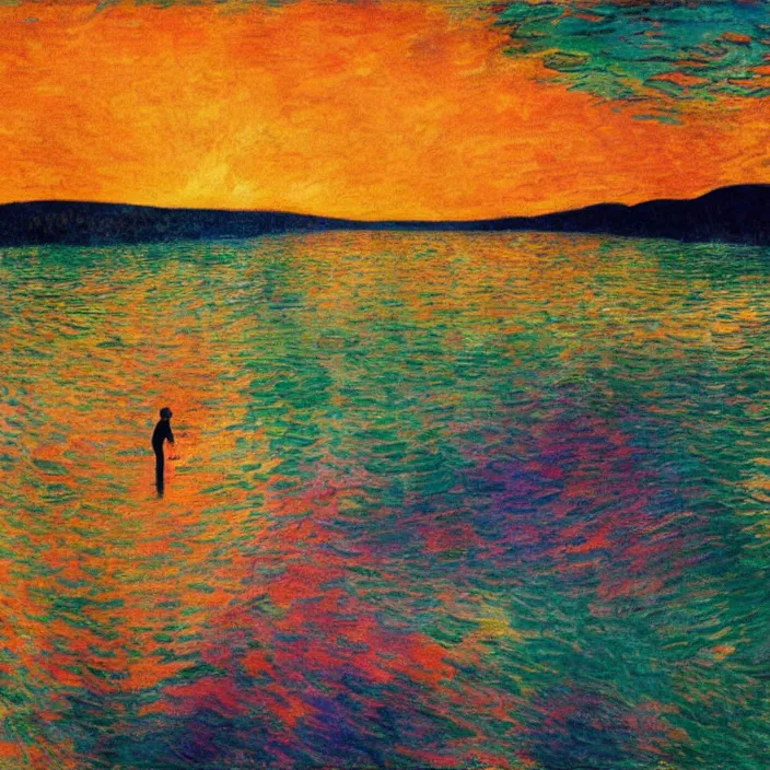 Prompt: lovers in the turbulent river. red sun setting through the storm clouds. iridescent, vivid psychedelic colors. painting by munch, agnes pelton, egon schiele, henri de toulouse - lautrec, utamaro, monet