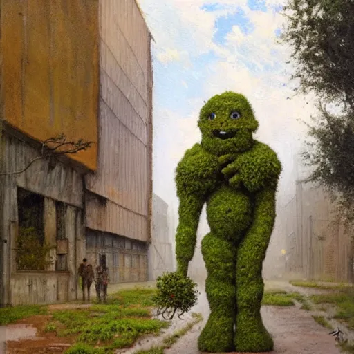 Image similar to a lost and bewildered mossy earth golem holding a sapling standing in a busy industrial street | painting by james gurney