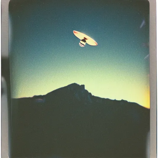 Image similar to a ufo flying over a distant mountain at night, blurry photo, historical photo, old polaroid, expired film,