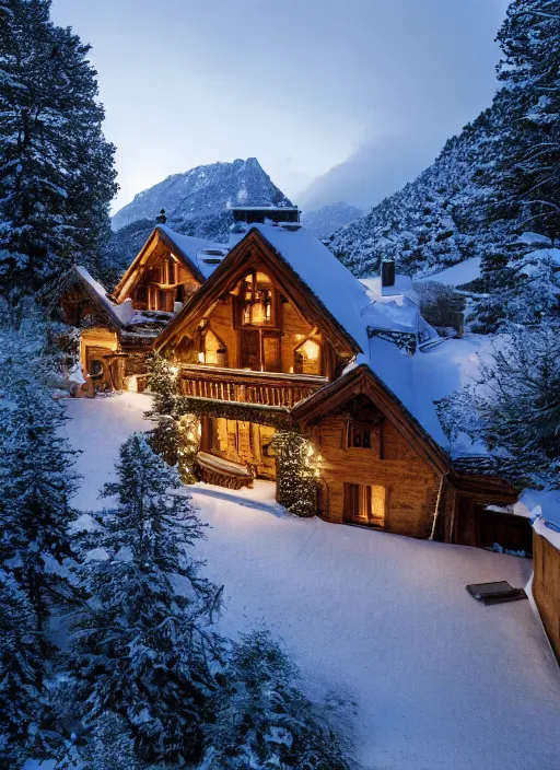 Image similar to an exquisite holiday home in the middle of the snowcapped mountains of france, visible through the lush overgrowth, architectural photography, dark and dim lighting, beautiful, tranquil, moody, cinematic, fantasy, 3 5 mm lens, volumetric lighting, first person view, photographic render, hyper realistic