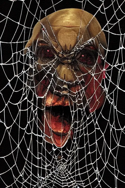 Prompt: portrait of a grotesque man spider wrapped in thick webs. horror art. disgusting.