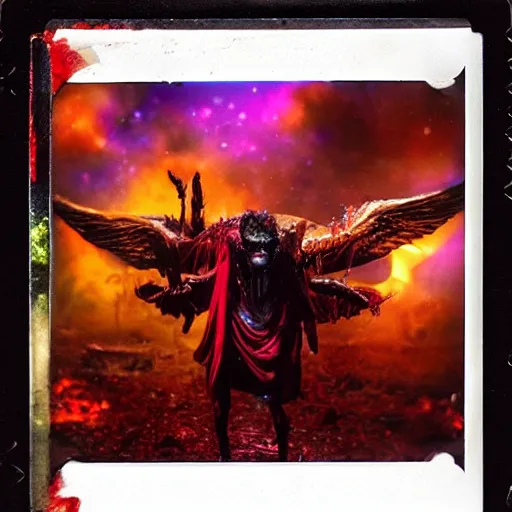 Image similar to a dying devil with tar drip wings standing in the shade of the backlit cosmic light, rich decaying bleeding colors a polaroid picture taken by hollywood and Michael Komarck and Juan Francisco Casas