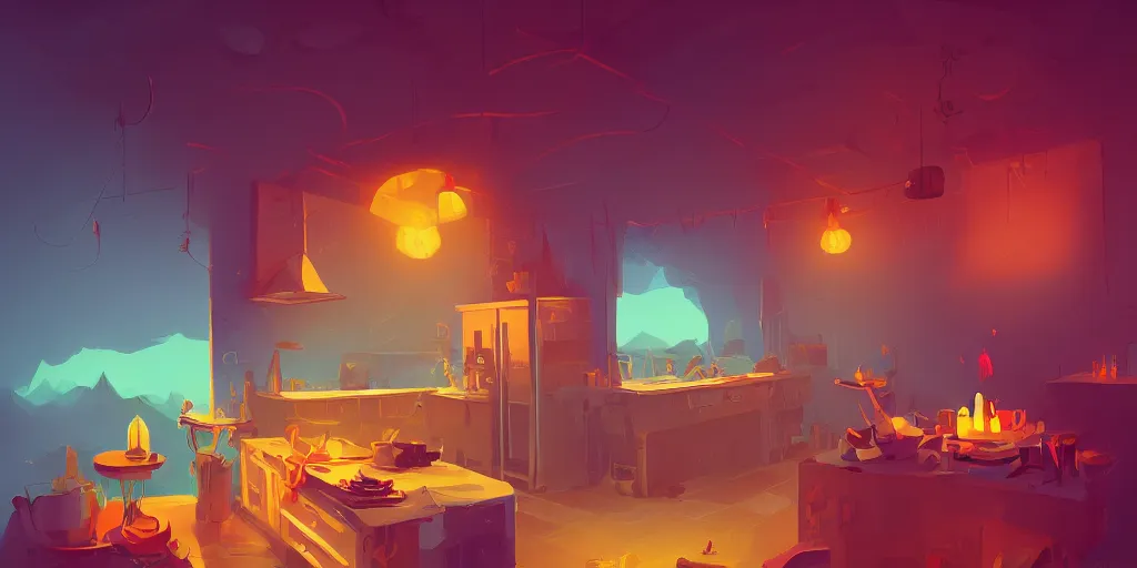 Prompt: weird perspective epic illustration of a kitchen dim lit by 1 candle in a scenic environment by Anton Fadeev