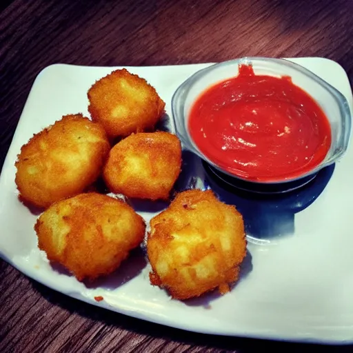 Image similar to food photo of channing tatum's face as tater tot on a plate with ketchup