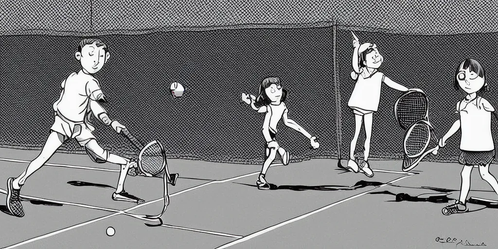 Image similar to digital art of anatomically correct kids playing tennis by quino