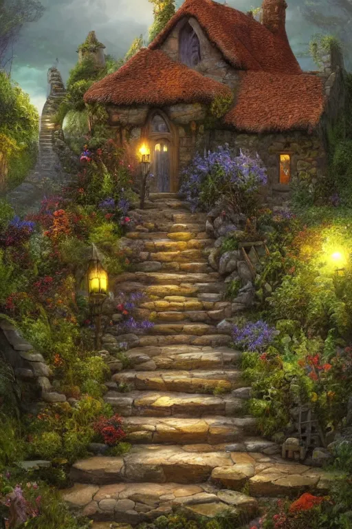 Prompt: matte glossy painting of stone steps fantasy leading to a cottage where a witch lives p artstation by emilia dziubak, will terry, greg olsen, chris mars, ann long, and mark brooks, greg ritkowski, james gurney, architecture, colorful warcraft architecture